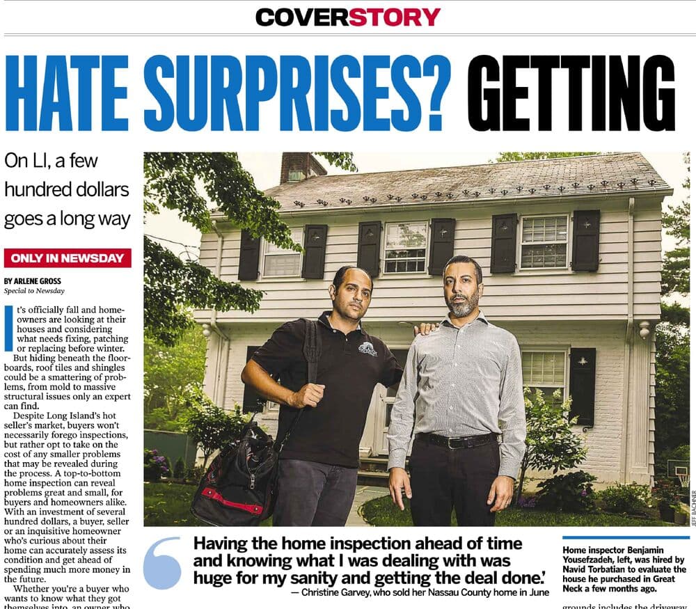 Newsday LI Real Estate cover story page, Sept. 25, 2026, headlined “Hate Surprises? Getting a Home Inspection Helps,” with a photo of home inspector Ben Yousefzadeh and homeowner Navid Torbatian outside a Great Neck house